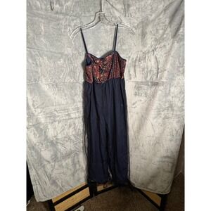 Navy Floral Print Tulle Overlay Jumpsuit Wide Leg Evening Party NEW size small